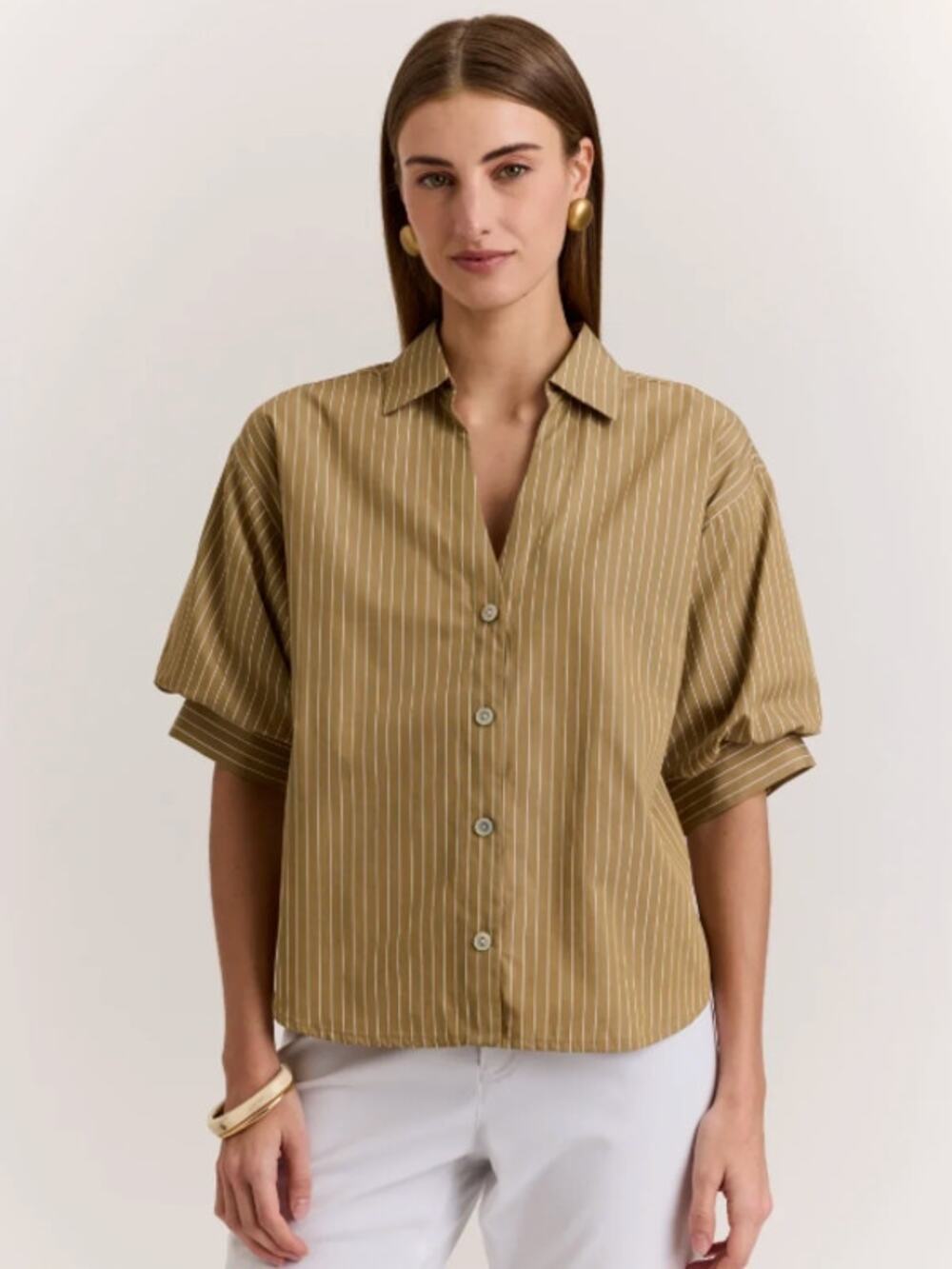 Hinson Wu Lilian Elbow Sleeve Pencil Stripe Shirt in Khaki/White size S small